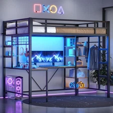 Loft Bed with Desk &Charging Station LED Metal Twin Size Bed with Storage Shelve