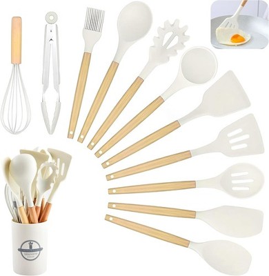 Küchenutensilien-Set, 12-teilig Silikon Kochutensilien-Set mit Holz weiß 