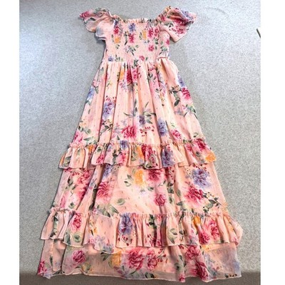 Rare Editions Girls Floral Smocked Maxi Dress Pink Tiered Ruffle Easter Wedding