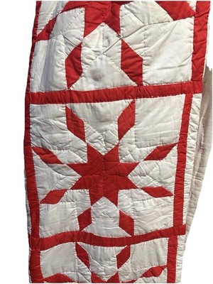 XL Handmade Cotton Quilted Quilt Red White Star Pattern  