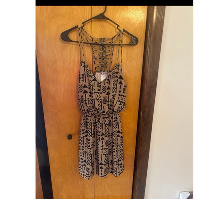 Three Pink Hearts Taupe Black Geometric Sundress Sleeveless V-Neck Straps S