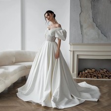 Wedding Dresses Lantern Sleeve Strapless A-Line Beading Satin Bridal Gown