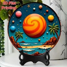 1pc 2D 2D Flat, 8inch Piece Retro Space Beach Metal Wall Art- Round Retro Space