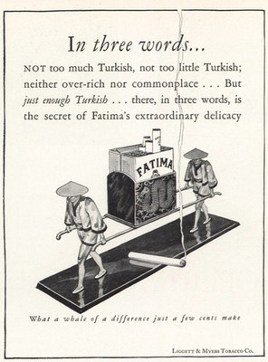 1926 Fatima Cigarettes: In Three Words Not Too Much Turkish Vintage Print Ad