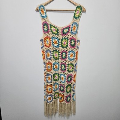 Womens Handmade Granny Square Festival Sleeveless Dress Sz L Crochet Boho Hippie