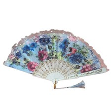 Multicolor Floral Folding Hand Fan Plastic Lace Trim Tassel Victorian Look