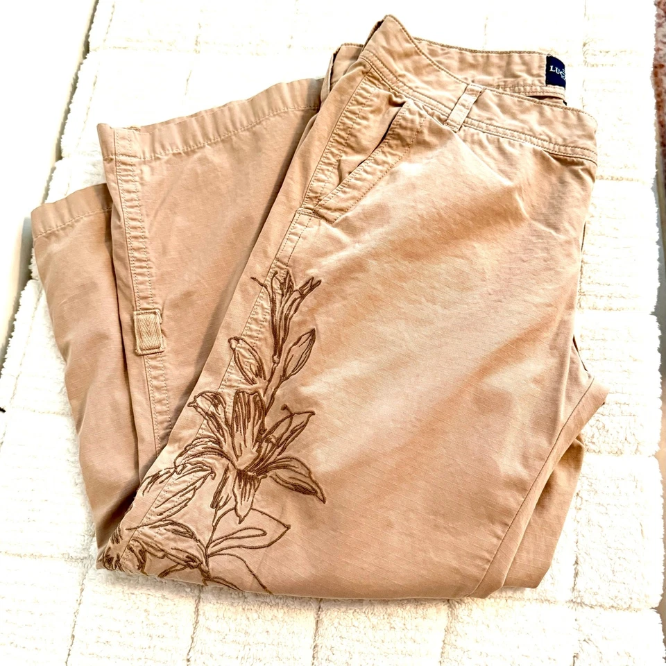 Lucky Brand женщин размер 6 желтовато-коричневый капри цветочная вышивка коттеджкор путешествий повседневный - Изображение 2 из 4