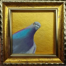 Pigeon painting Portrait Dove Small Art Original 3x3 Bird artwork Gold Framed