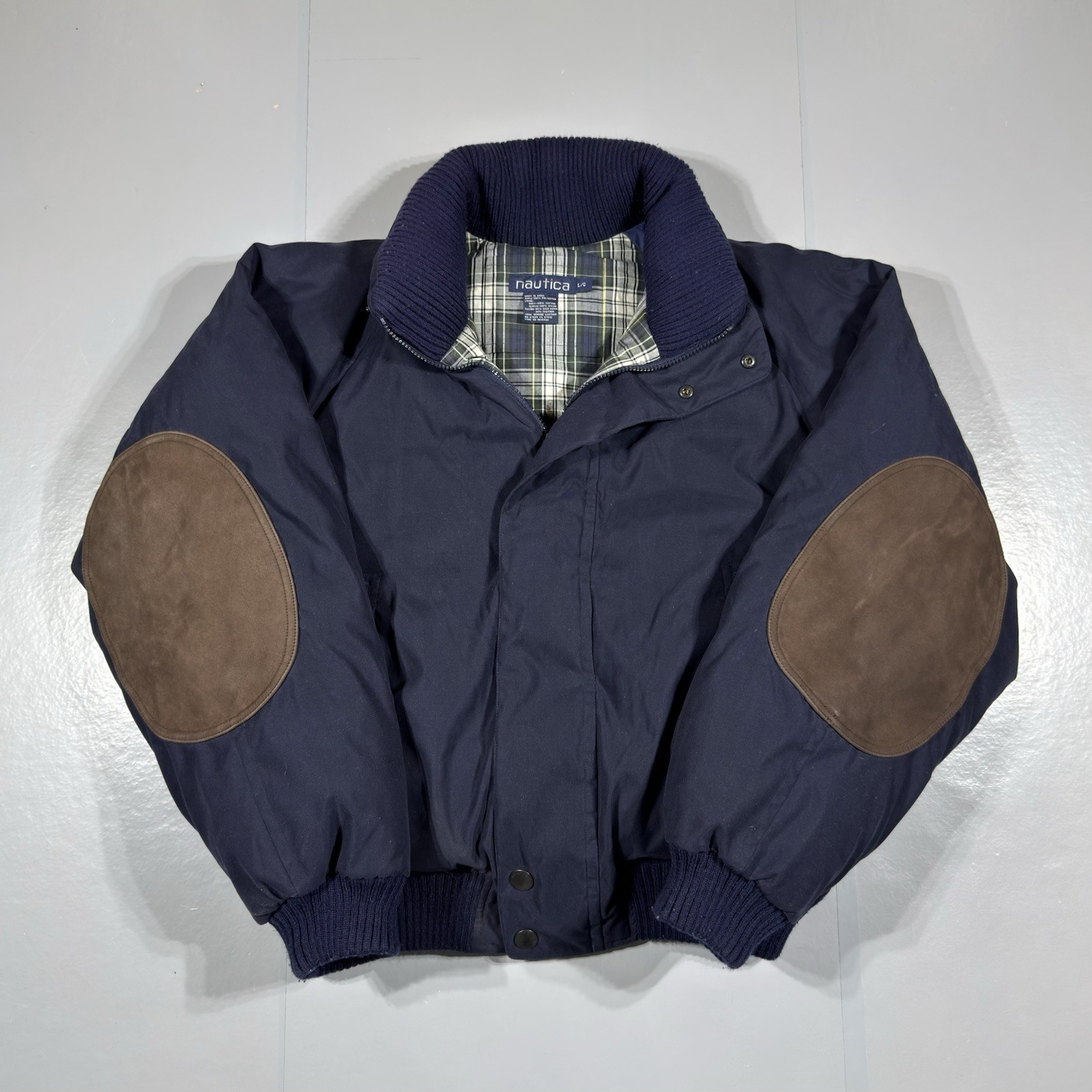 Vintage Nautica Jacket Mens Large Navy Duck Down Puffer Coat Plaid Lining Zip image 7