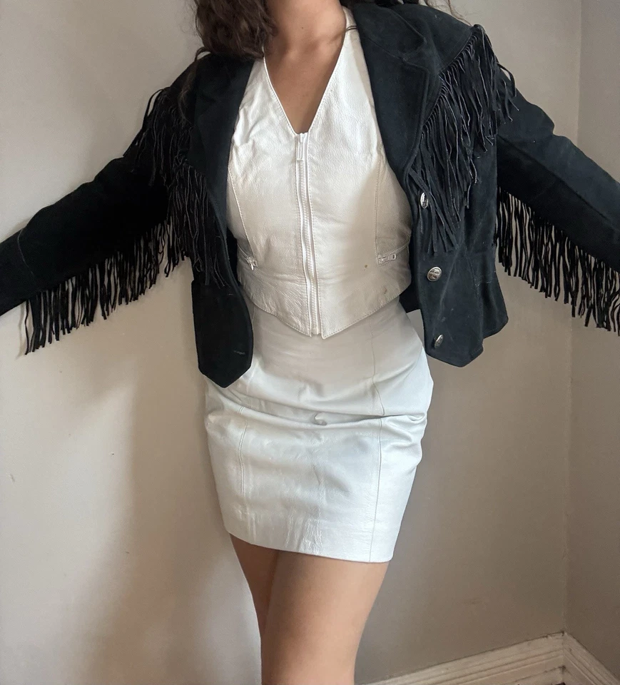 Chaqueta Negra Vintage Pioneer Wear Cuero Recortado Gamuza Flecos Occidentales S Foto 4 de 4