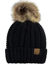 Thick Cable Knit Faux Fuzzy Fur Pom Fleece Lined Skull Cap Cuff Beanie, Black