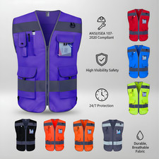 Safety Vest 9 Pockets High Visibility Reflective Work ANSI ISEA Women Men
