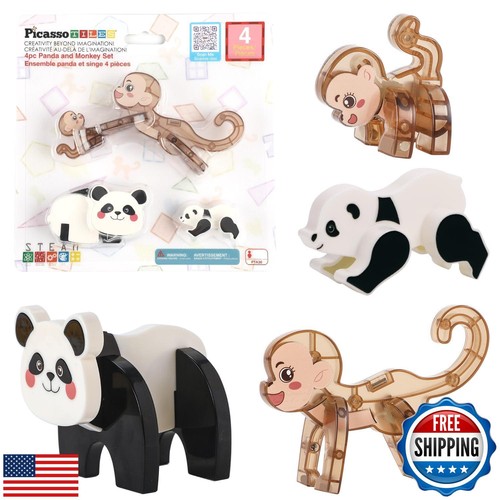 PicassoTiles Magnetic Build a Panda and Monkey Set Magnet Tile Blocks Add-on