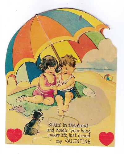 c1938 Valentine Fold-Out Accordion Greeting Card, Puppy, Children Under Umbrella - Picture 2 of 7