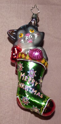 Christopher Radko Meow Me-Ow Surprise Cat In Stocking Glass Ornament
