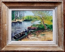Naive Painting Fishing Scene Painting Oil Oil Signed Painting 40x30.5