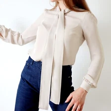 MICHAEL KORS Pure Silk Tie Up Blouse Button Up Sheer Mock Neck Shirt XS Beige