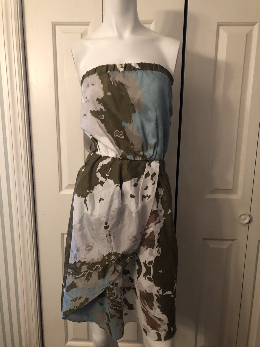 Poleci Strapless Silk Dress 2 or XS Grecian Belted Aymmetric Olive Green  Blue | eBay