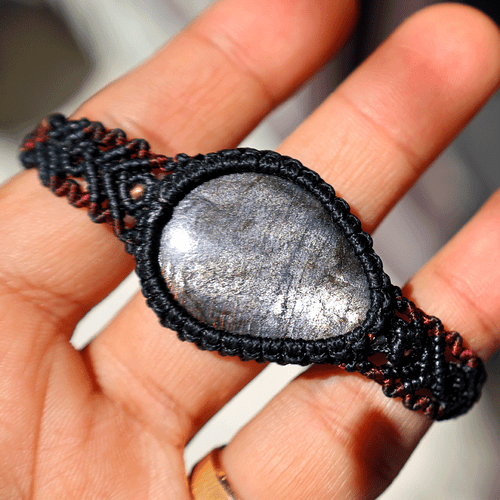 Bracciale Cristallo Macramè Fatto a Mano Naturale Labradorite Viola Flash Bellissimo - Foto 5 di 11