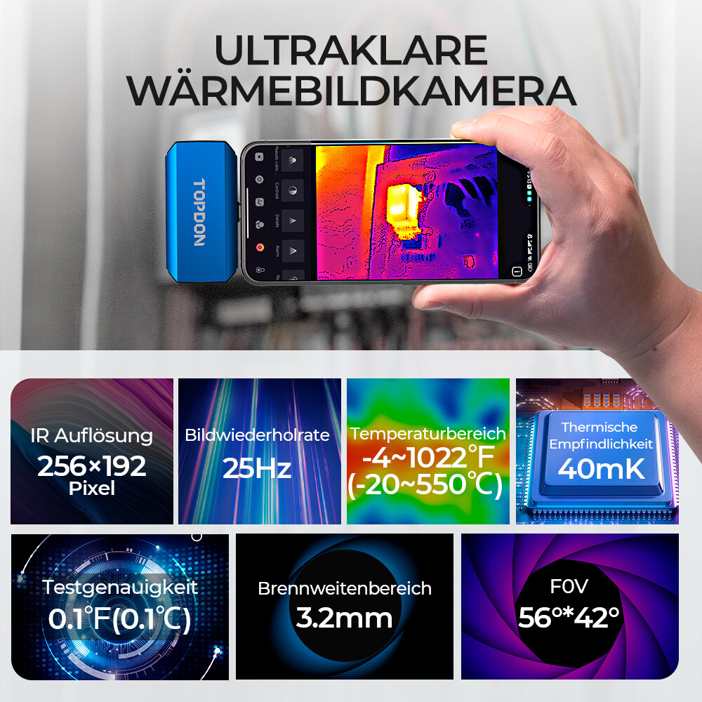 Caméra Thermique TOPDON TC001 Plus - Résolution 256x192 - Compatible Android - Plage -20°C à 550°C - Neuf