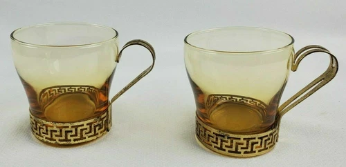 Vintage Libbey Gold Handle Greek Key Continental Coffee Cups Amber Set of 2