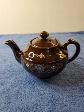 Vintage Tea Pot Ceramic Japan Brown Blue Floral Mid Century 6.5"x4"