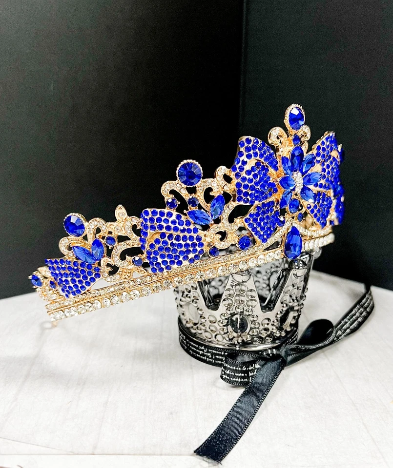 Tiara corona cristal, corona dorada vintage, tiara arco azul, tiara cristal nupcial Foto 4 de 4