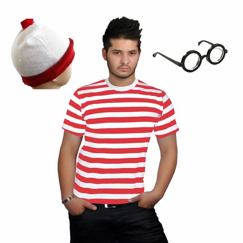 Mens Boys Where's Wally Red & White Kit Strips Fun Stag Do Fancy Dress