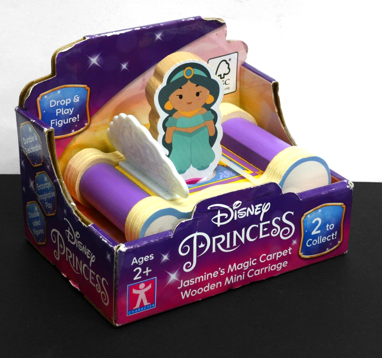 DISNEY Princess Jasmine's Magic Carpet Wooden Mini Figure & Carriage. Unused