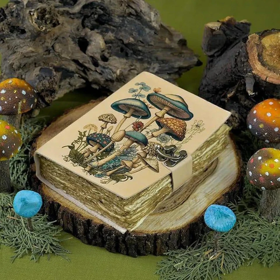 Libro de hechizos en blanco estampado de setas grimorio grande de 400 páginas de cuero sombreado. Foto 4 de 4