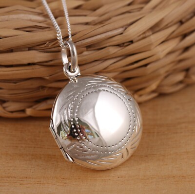 925 Sterlingsilber Rund Foto Medaillon Graviert Anhänger Kette Halskette Geschenkbox