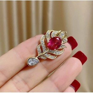 Authentic Feather Design Wedding Brooch Pin 14k Yellow Gold Plated Oval Lab Created Ruby