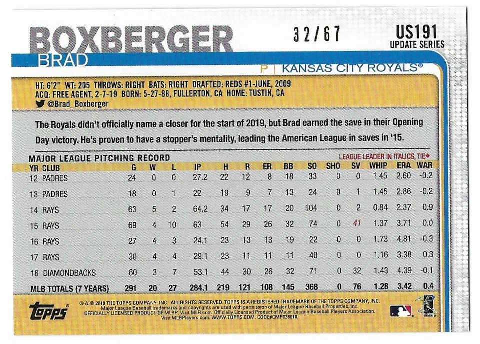 Brad Boxberger 2019 Topps Update BLACK #US191 /67 Kansas City Royals Parallel NM - Image 2 of 2
