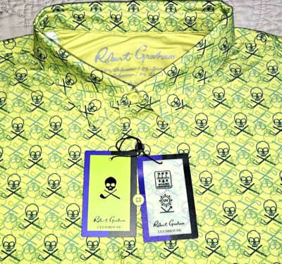 NEW ROBERT GRAHAM, MENS SIZE 2XL, IRON SKULL PERFORMANCE LIME POLO-MSRP $128.00