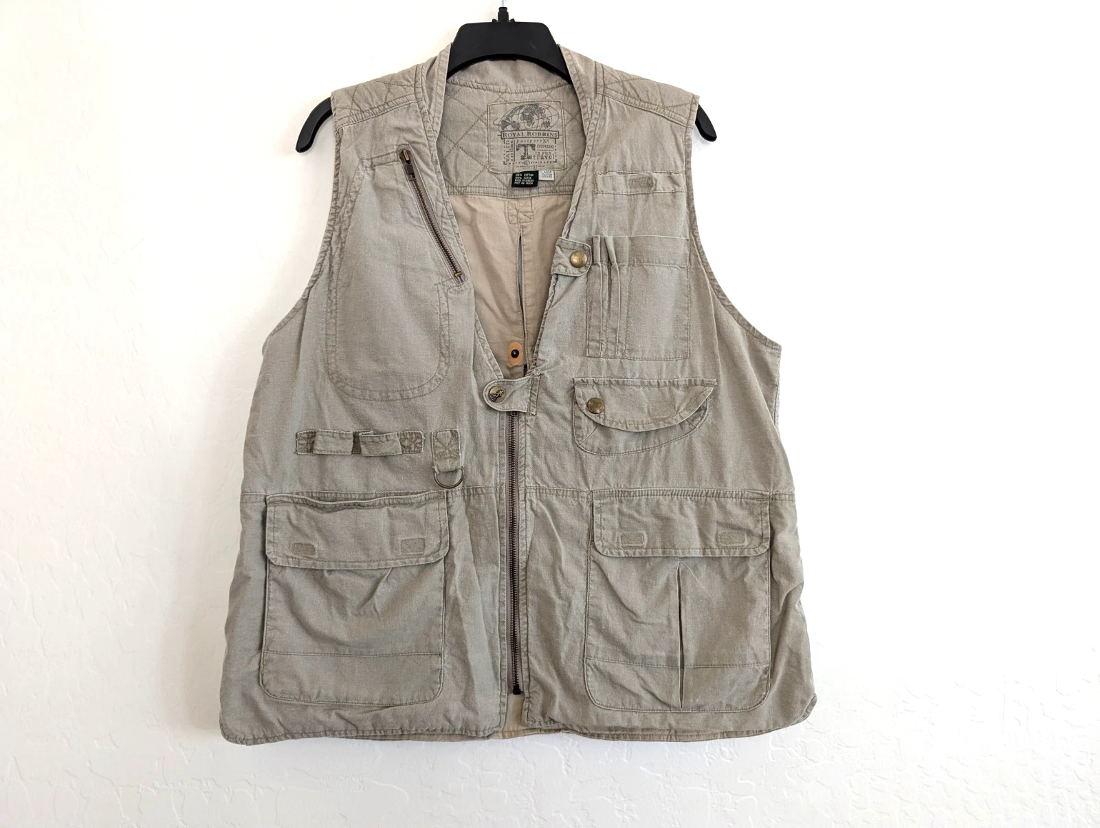 ROYAL ROBBINS Vest Men's L Beige Zip Snap Safari Pockets Fishing Travel Utility