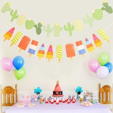  2 Pcs Paper Banner Summer Theme Cactus and Colorful Ice Cream Shape Decorative