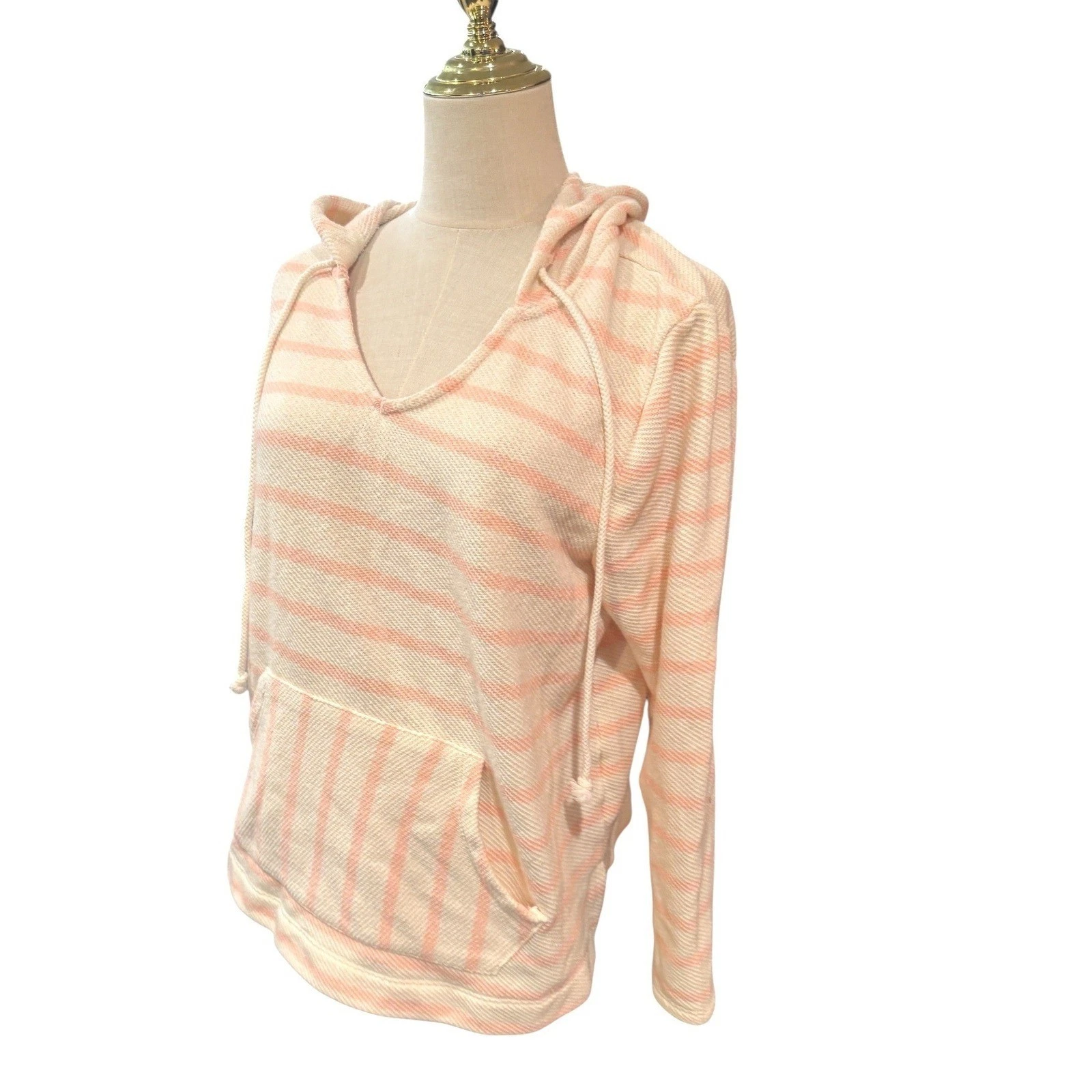 Old Navy Women Large Pink White Striped Lightweight V-Neck Hoodie Sweatshirt L/G