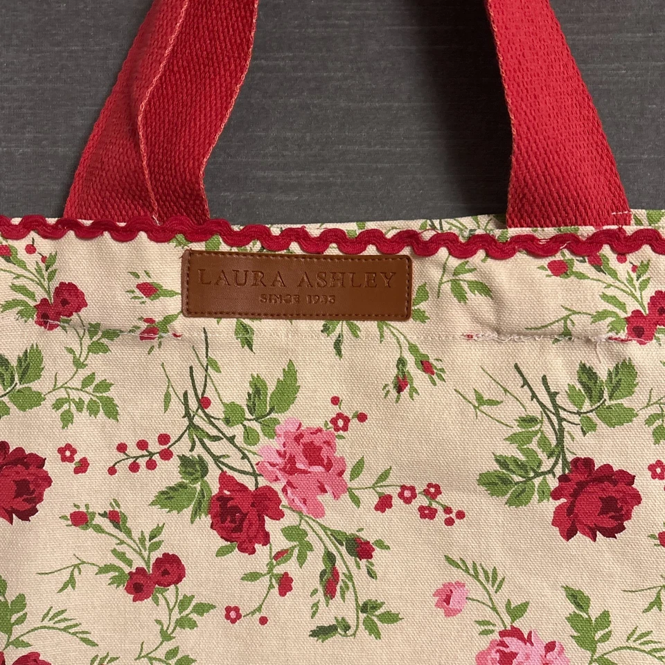 Laura Ashley Tote Bag Red Pink Floral Canvas Reusable Shopping Travel Grocery - Image 2 of 4