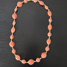 Vintage Avon 24.5in Long Salmon Marbled Bead Necklace Gold Ivory Statement