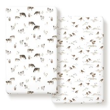 2 PCS Watercolor Cows Birds Fitted Crib Sheets Set Jersey Knit Mattress Pad