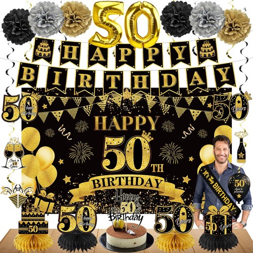 Eucutur 42PCS 50th Birthday Decoration Kit for Men Women, Black Gold Happy 50...