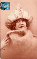 RPPC Lovely Lady Fabulous Hat Fur Piece Studio Model Sepia Tone P.U. 1917  B-75