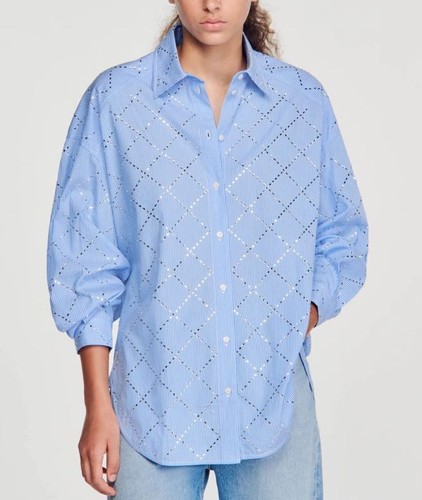 Sandro Rhinestone Blouse Top Long Sleeve Silhouette Top for Ladies - Bild 2 von 6
