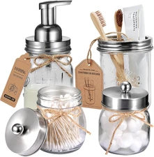 Amolliar Mason Jar Bathroom Accessories Set 4Pc - Foaming Soap Dispenser&2 Qtip