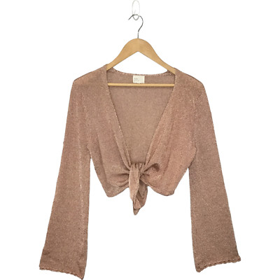 Dee Elly Metallic Shimmer Cropped Front Tie Bell Long Crochet Sleeve Rose Gold M