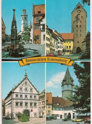 Ravensburg Postcard Marienplatz Green Tower Guest House Vintage Postcard Stamp 1988