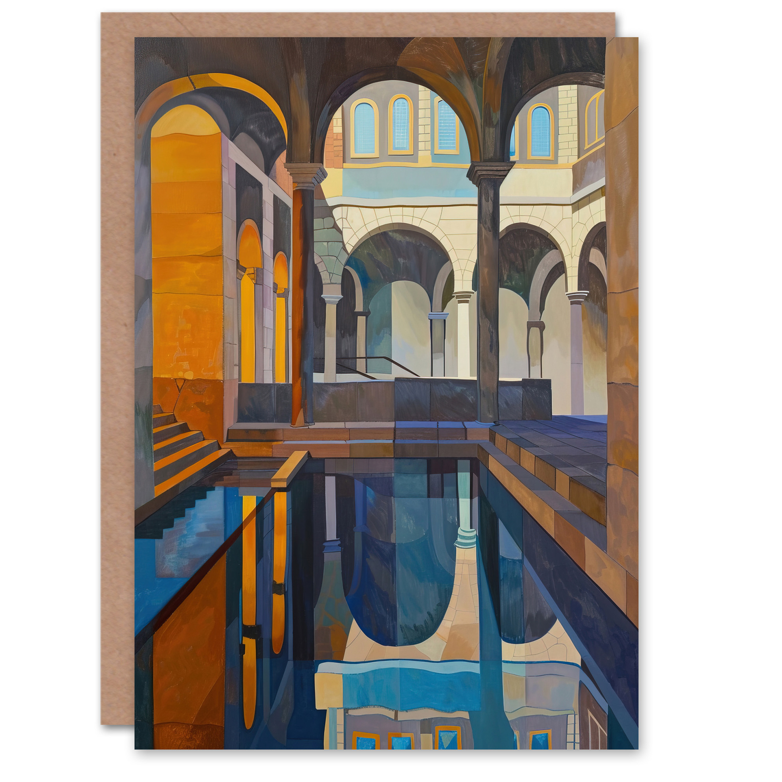Greeting Card Roman Bath Architecture Water Reflection Painting Blank Birthday