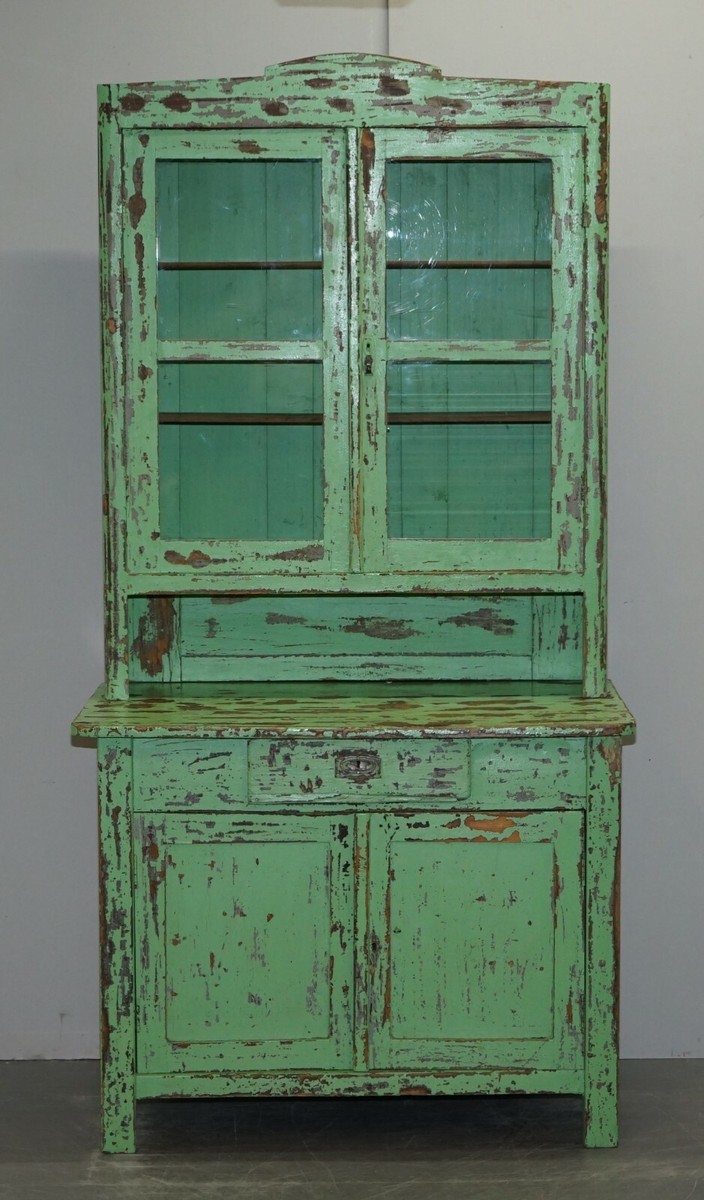 HAND PAINTED VICTORIAN DISTRESSED GREEN DRESSER BOOKCASE OR KITCHEN  CUPBOARD | eBay