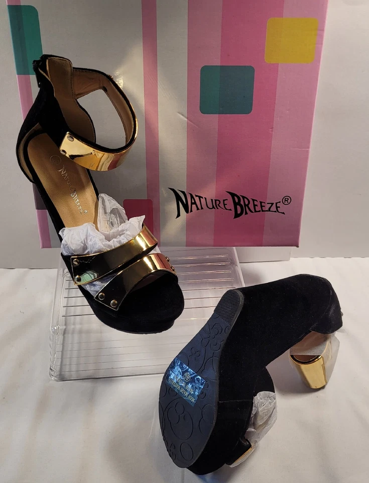 Damas NATURE BREEZE Negro Gamuza-Dorado Correa Tacón de Cuña Alto Talla 6 1/2, Devan-05 Foto 3 de 4