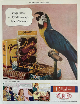 1940 Do Pont Cellophane Polly Cracker Parrot Better Living Chemistry VTG Ad